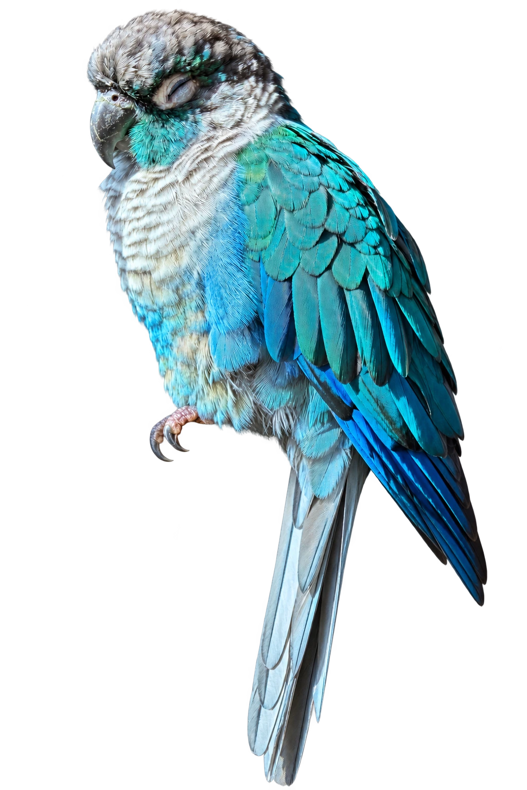 Sky, a turquoise-and-grey bird ready to settle on the shared branch.